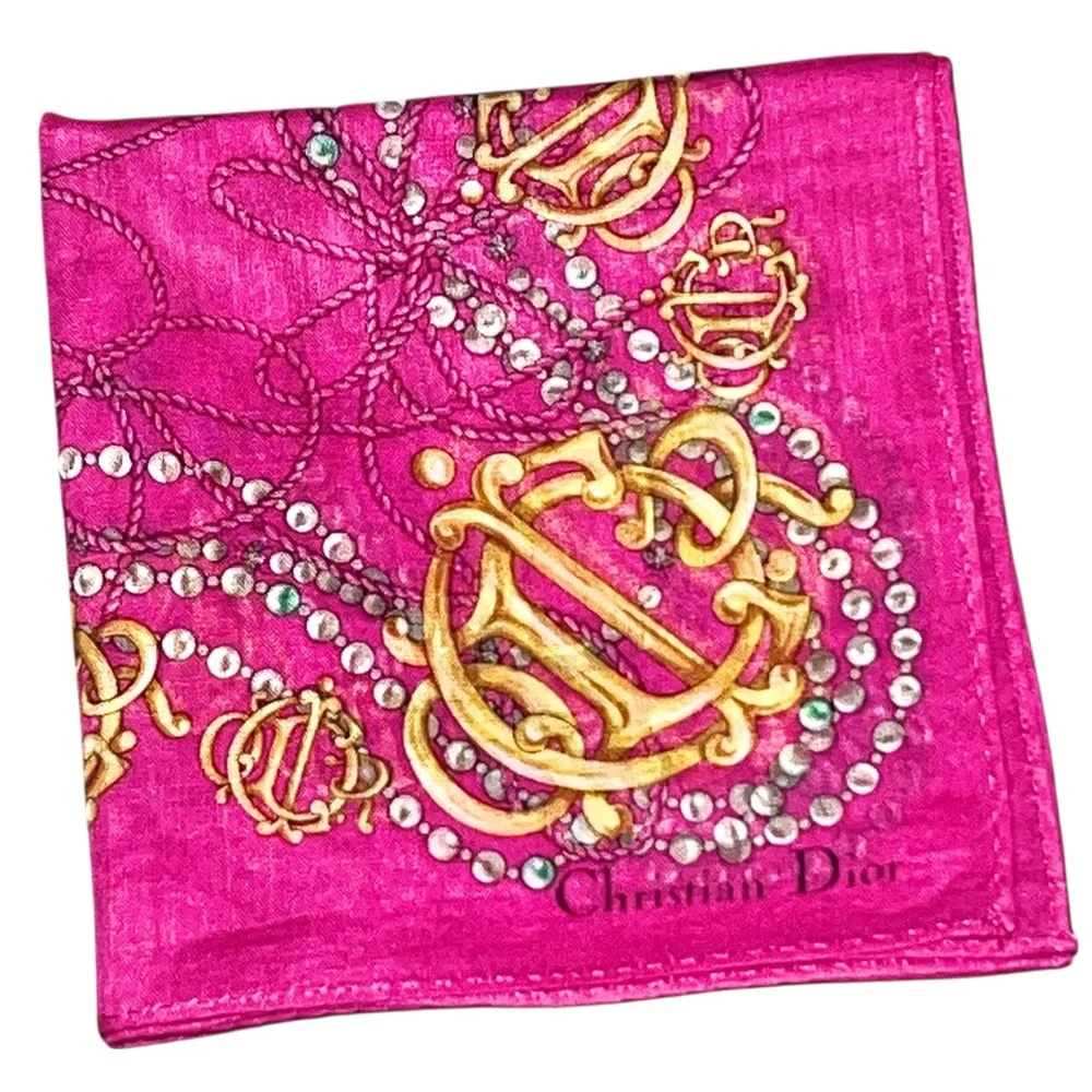VTG Christian Dior Pink Gold Monogram Logo Pearl Pocket Square Twilly Bag Scarf